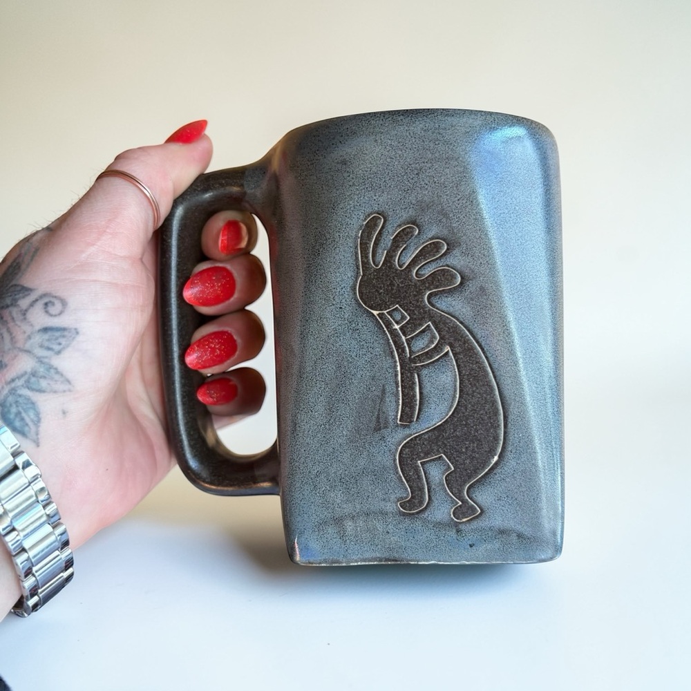 Mara Mexico Kokopelli Blue Heavy Pottery Square Mug Cup Hand Crafted Signed - Picture 1 of 6